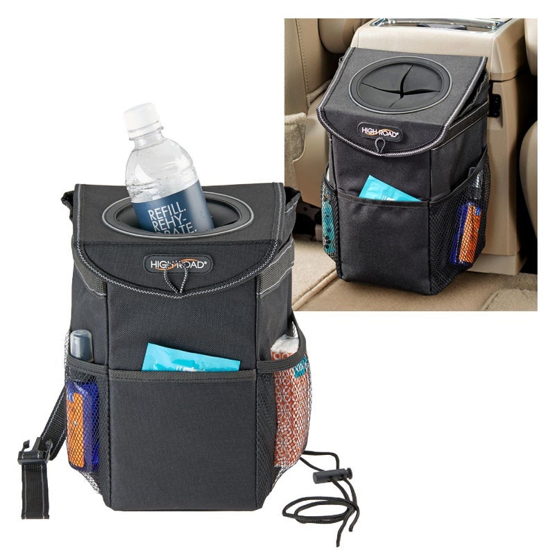 High Road StashAway Heavy Duty Car Trash Can with Rubber Lid, 3 Storage Pockets and Sturdy Panels for Stable Floor or Hanging Seatback Use (Black) - Image 1
